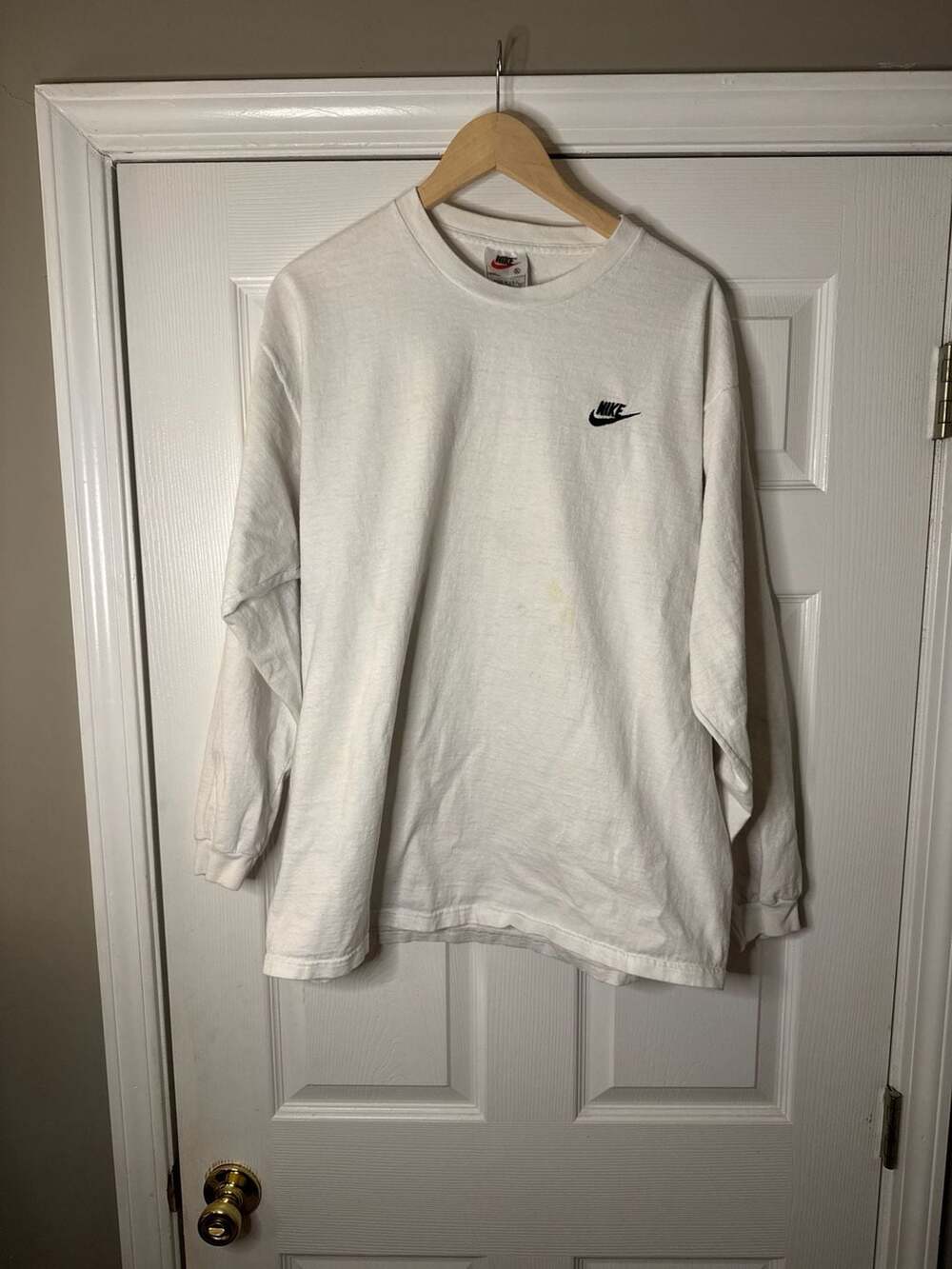 VTG 90s Nike Made in USA White Long Sleeve Embroidered Swoosh T-Shirt XL